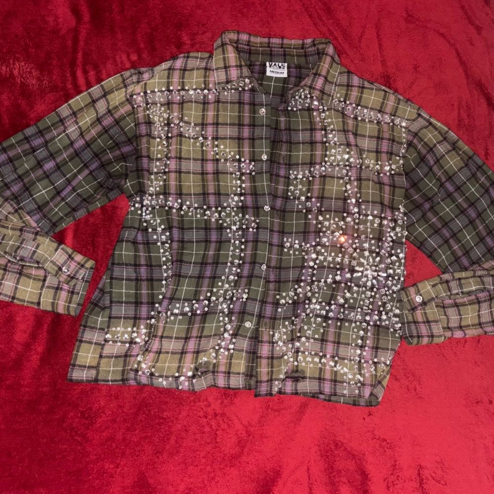 VALE Embellished Plaid Button-Up Shirt in Olive and Purple - Picture 2 of 8